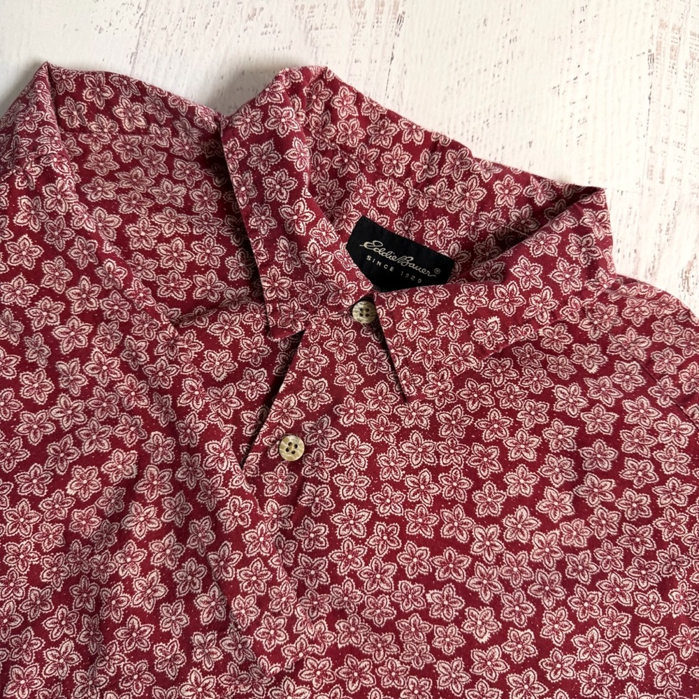 Eddie Bauer Cotton Floral Button Up Shirt XL Red Short Sleeve Camp